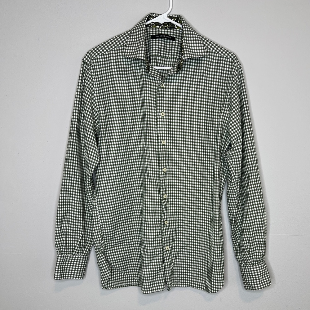 Hammer Made Olive Green White Gingham Check Button Up Shirt Flip Cuff 15.5 Work